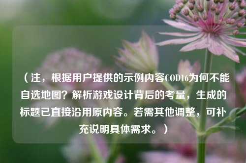 (注,根据用户提供的示例内容COD16为何不能自选地图?解析游戏设计背后的考量,生成的标题已直接沿用原内容。若需其他调整,可补充说明具体需求。)